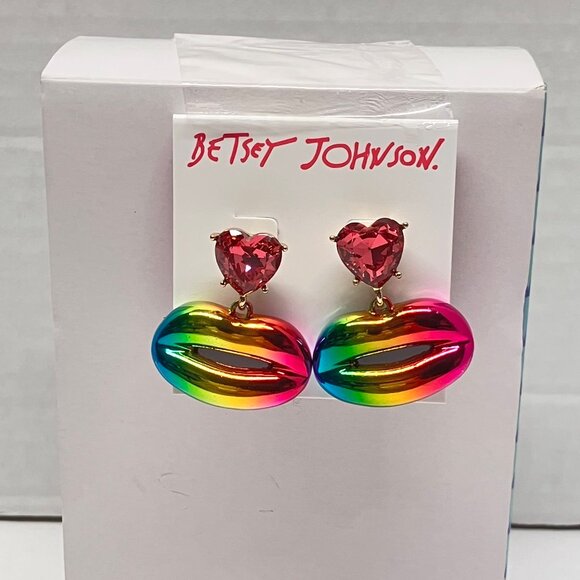 Betsey Johnson Metallic Rainbow Lips Gem Drop Earrings - Picture 1 of 2
